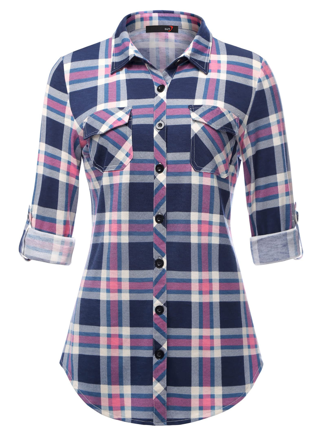 DJT Damen Weiches Gestrick Karierte Bluse Langarm 3/4 Roll Up Ärmel Hemdbluse Button-down Blusen Top