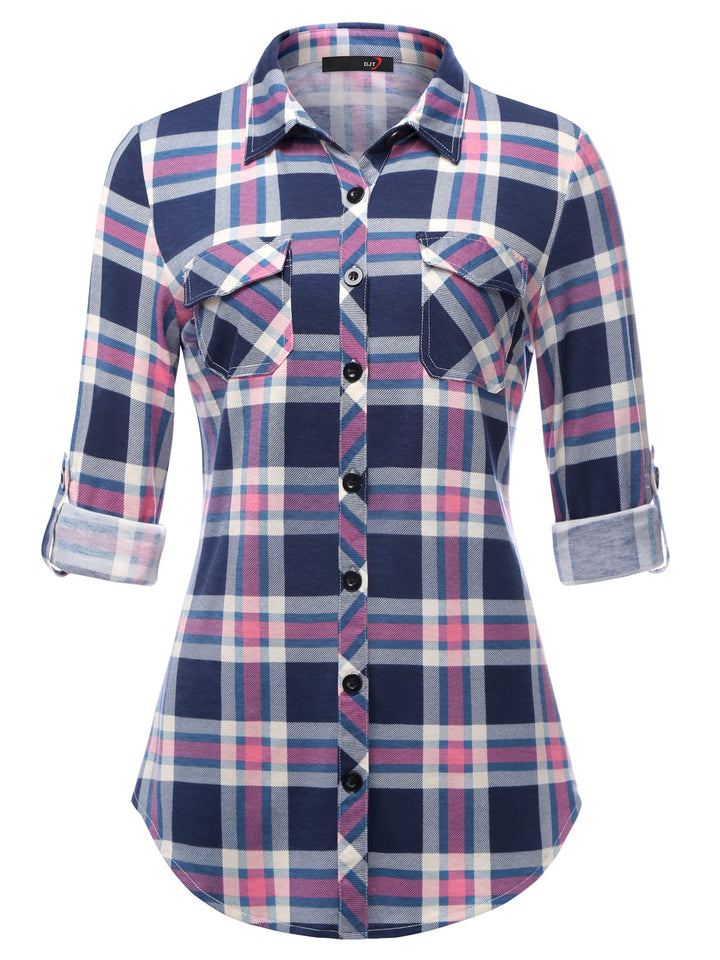 DJT Damen Weiches Gestrick Karierte Bluse Langarm 3/4 Roll Up Ärmel Hemdbluse Button-down Blusen Top