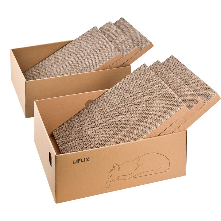 6 STK. Kratzbretter mit 2 Boxen, 43.5×33.5×15.5cm Kratzpappe für Katzen mit hochwertiger Karton, 6 S