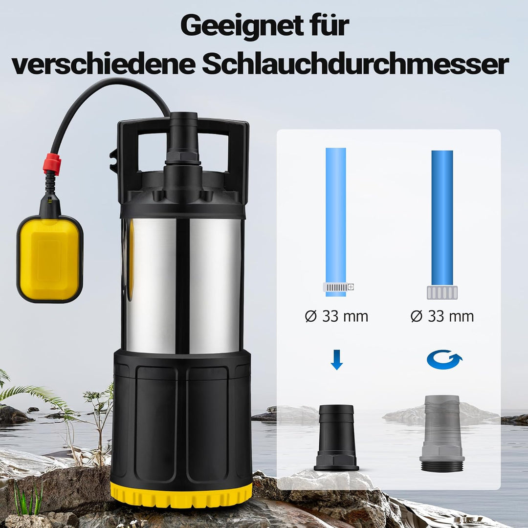 Wiltec Tauchpumpe mit Schwimmerschalter 1000 W, Tiefbrunnenpumpe bis 7 m Tiefe, Brunnenpumpe 30 m Fö