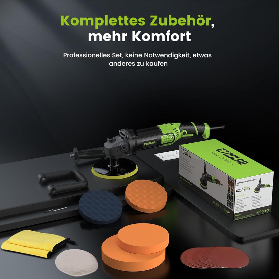 ETOOLAB Upgrade Auto Poliermaschine [2025 Verbessert] 1300W, 7 Variable Geschwindigkeit, 22 tlg, Pol