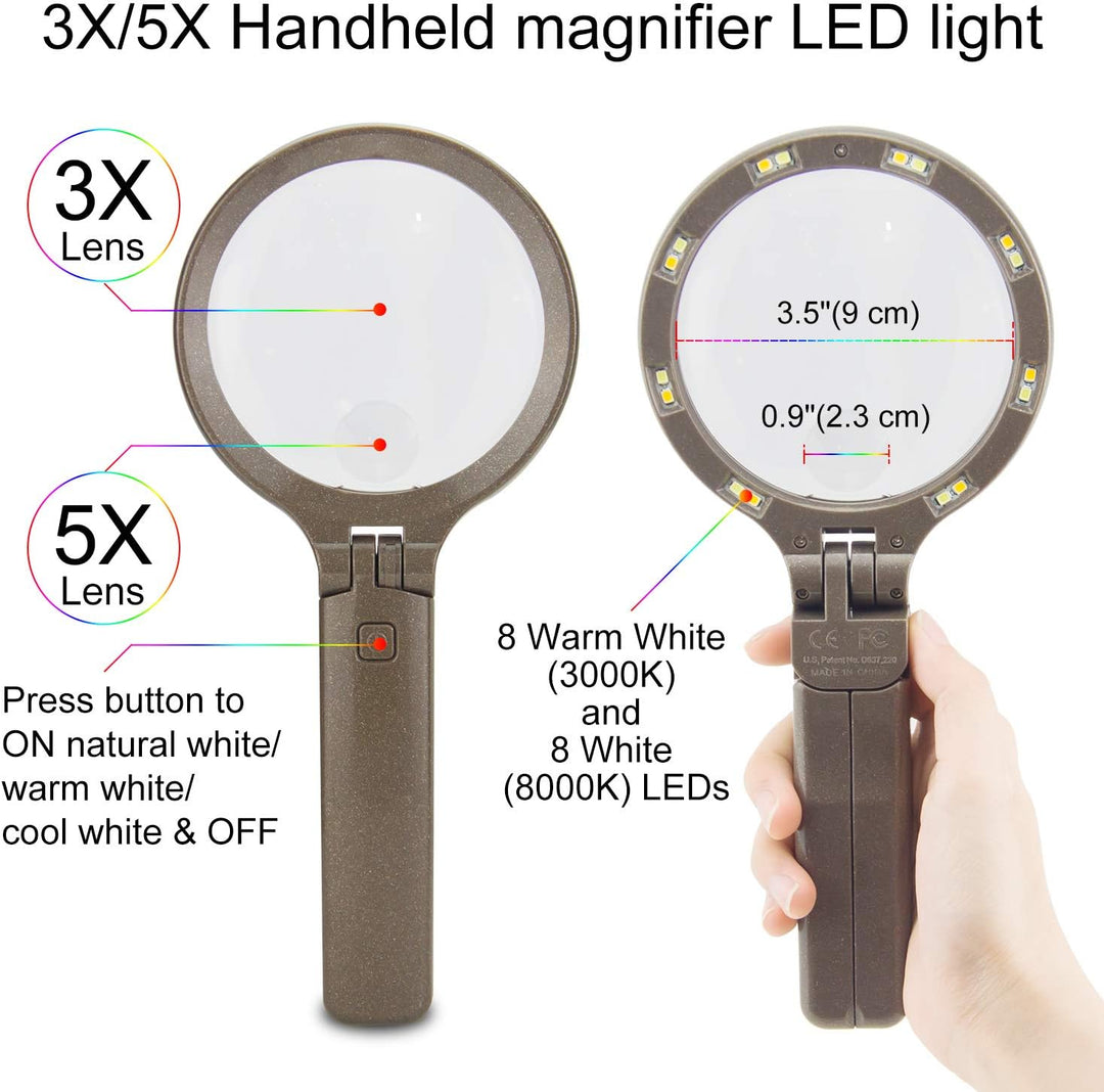 BIGLIGHT Eine Lupe mit LED und Halterung, 3x5x Handlupe 180° Faltlupe, Speziell für Altere Leser Ent