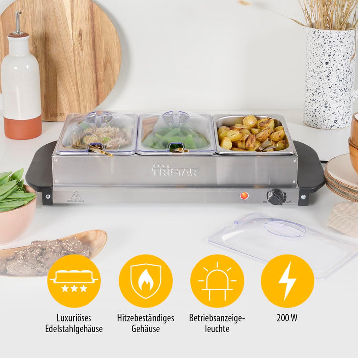 Tristar Edelstahl Buffetwärmer - einstellbares Thermostat, 3 x 1,5l Buffetbehälter, als Heizplatte v