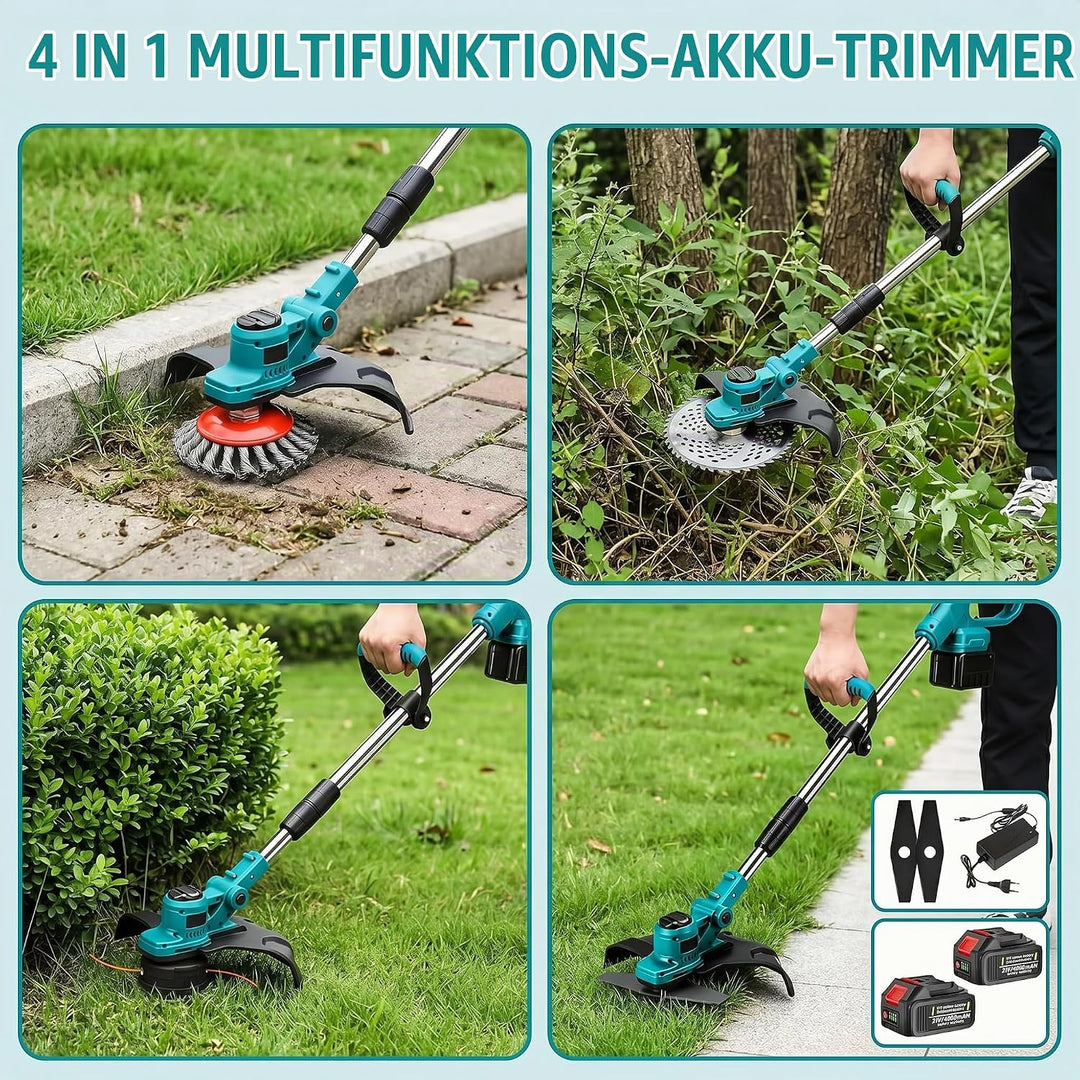 Bürstenlose Rasentrimmer 21V，Rasentrimmer für mit Unkrautbürste, mit 4 Klingentypen, Freischneider E