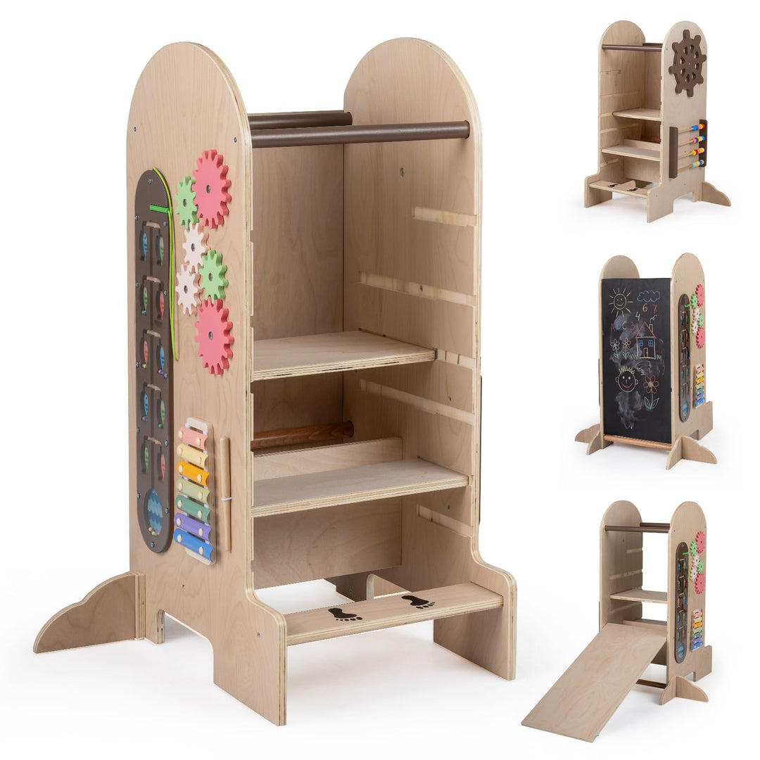 COSTWAY 4 in 1 Lernturm, Trittleiter mit Rutsche, Kreidetafel &amp; Spielbrett | Küchenhelfer höhenverst