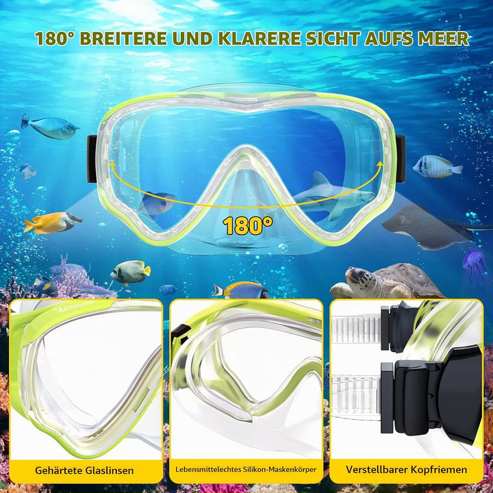 Schnorchelset Kinder mit Flossen,Anti-Fog 180°Panorama Taucherbrille Kinder, Verstellbaren Schwimmfl