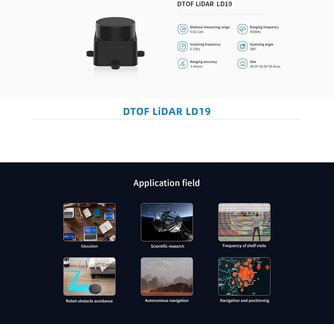WayPonDEV FHL-LD19 360 Degree 2D Lidar Distance Sensor Kit, 10Hz Scan Rate and 12m Distance Lidar RO