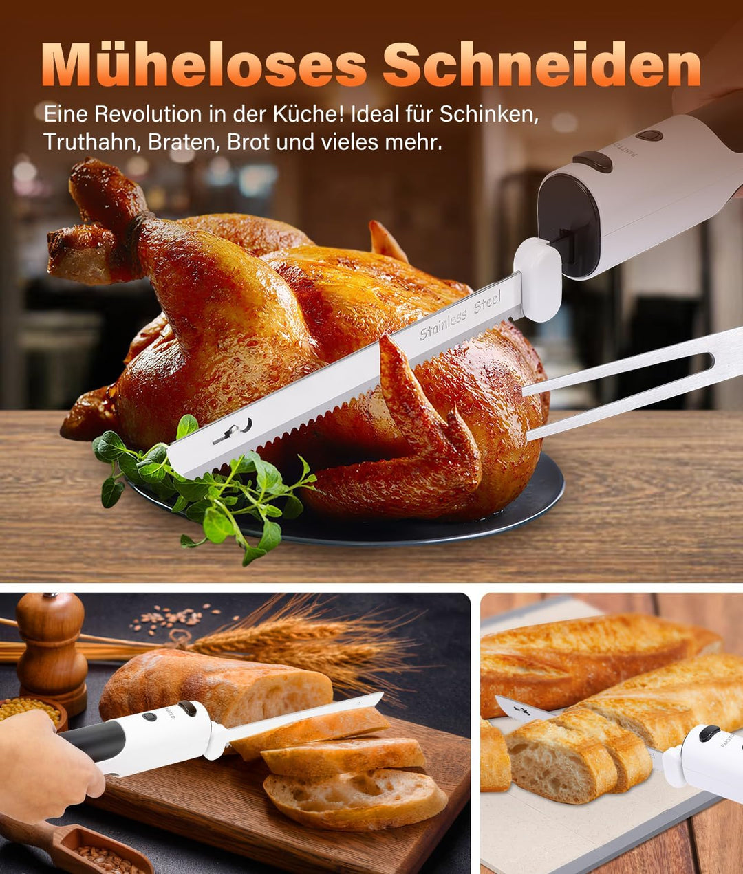 Elektromesser zum Schneiden von Fleisch Brot Gemüse Obst, Kabelloses Brotschneidemesser Dönermesser