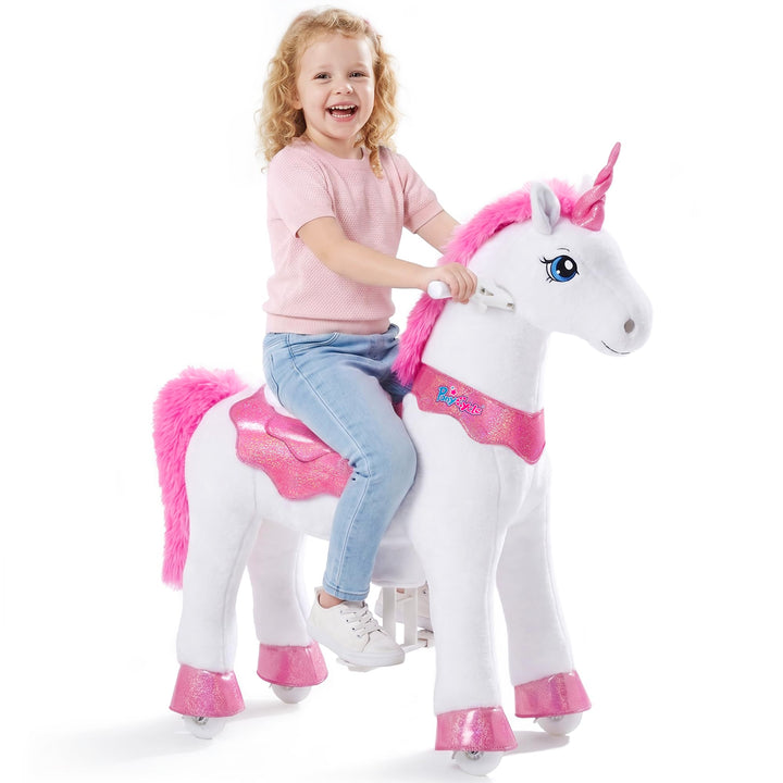PonyCycle® Einhorn auf Rollen | für Kinder 4–7 Jahre, 90cm | Rosa Plüsch Reitpferd mit Handbremse |