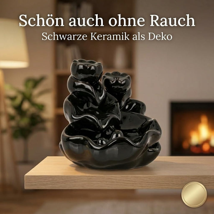 MIJOMA Rückfluss Räucherkegelhalter aus Schwarzer Keramik, Wasserfall-Räucherkegelhalter, Weihrauchb