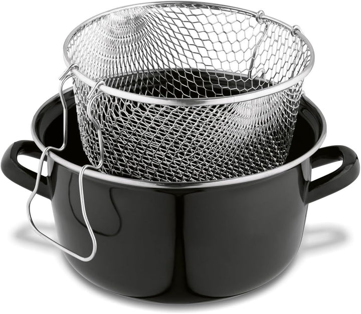 Fritteusenpfanne mit Korb Emaille schwarz, Pommespfanne Fritteuse Glasdeckel, kleine Fritteuse mit S