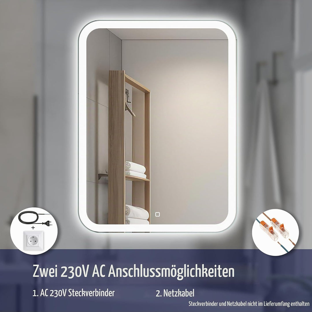Venti 60x80cm Vertikaler Badezimmerspiegel mit LED Beleuchtung, Beleuchteter Badspiegel mit Touch Sc