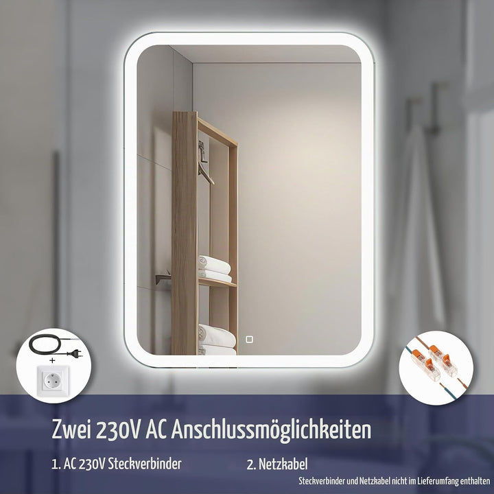 Venti 60x80cm Vertikaler Badezimmerspiegel mit LED Beleuchtung, Beleuchteter Badspiegel mit Touch Sc