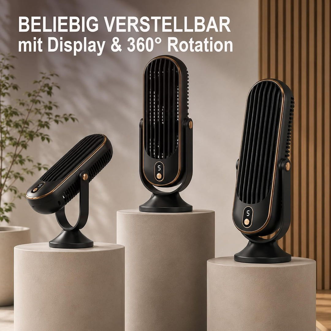 Bestlivings Tischventilator Akku Schwarz 5 Stufen leise | 1000 mAh, LED Display, 22 dB leise, USB-C