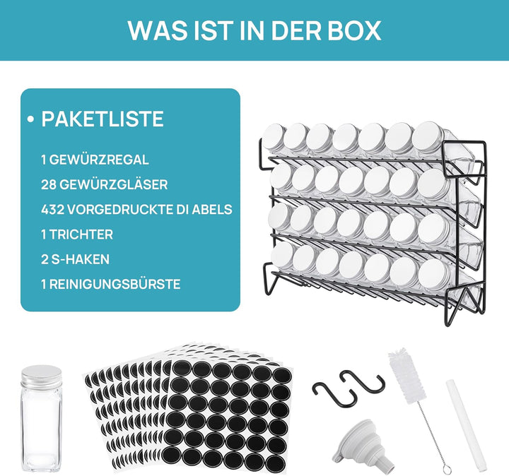 Vtopmart 4-stöckiges Gewürzregal Stehend, 28 Leere Gewürzgläser mit Gestell und 432 Gewürzetiketten,