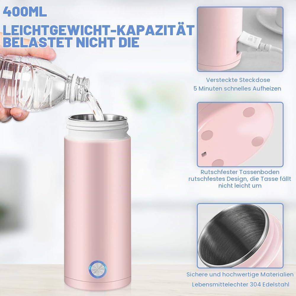 Aoreun Kleiner Tragbarer Wasserkocher, 400ml Tragbarer Elektrischer Wasserkocher, Mini Thermoskanne