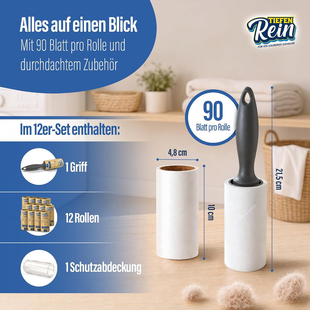 TiefenRein Fusselrolle Tierhaare &amp; Kleidung – 12er Set (1080 Blatt) 1 Griff &amp; 1 Staubschutzhülle 12