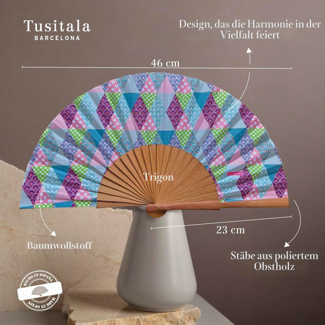 Tusitala Barcelona - Patchwork Kollektion Handfächer - Aus Holz und Baumwolle - 100% spanisches Hand