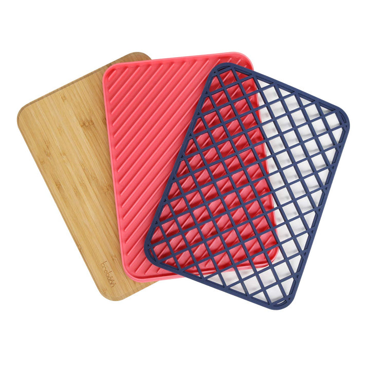 Trebonn - Trilogy Chop Drain & Rest, Küchenset aus Bambus-Schneidebrett 34 x 24 cm, Abtropfgestell u