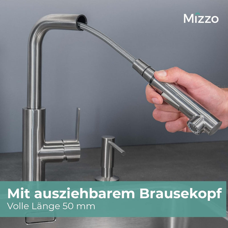 Mizzo Mauro Küchenarmatur mit Ausziehbare Brause und 2 Strahlarten | 360° schwenkbare Wasserhahn Küc