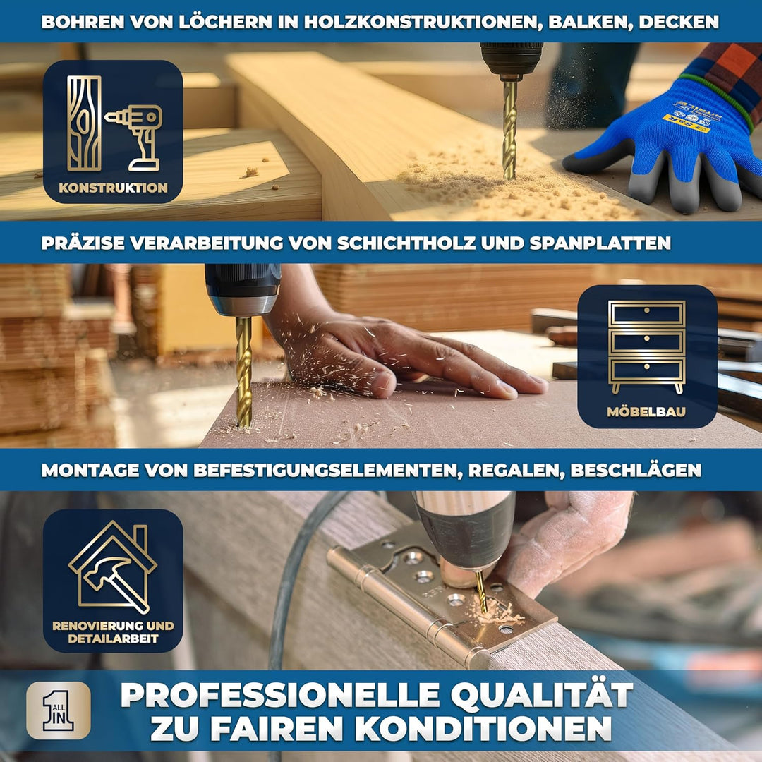 S&amp;R Holzbohrer-Set, Dübelbohrer-Satz 25-tlg 1-13 mm, Industriequalität, HSS-G 4241 Stahl, TiN-Beschi
