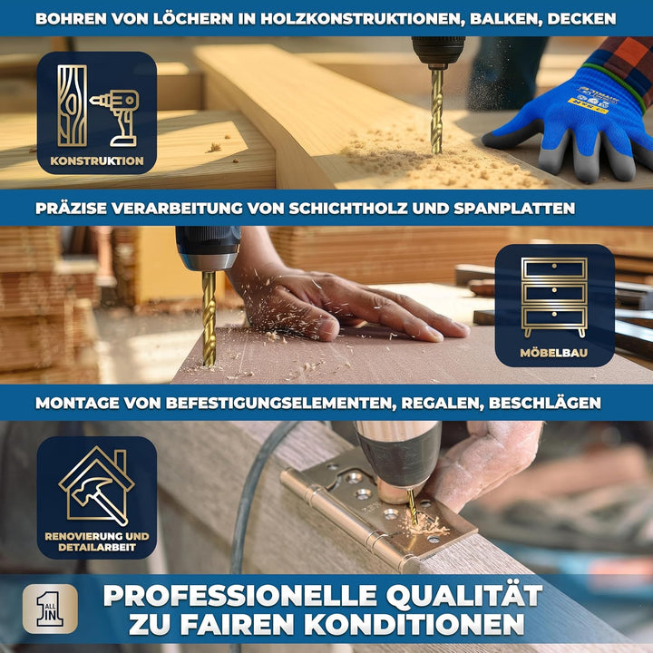 S&amp;R Holzbohrer-Set, Dübelbohrer-Satz 25-tlg 1-13 mm, Industriequalität, HSS-G 4241 Stahl, TiN-Beschi
