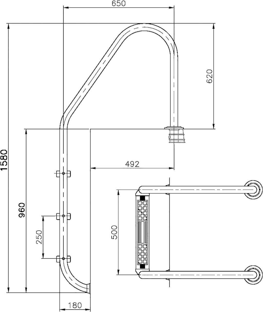 Steinbach Einbaubeckenleiter Edelstahl, 3-stufig, mit Ankersockel, für Beckentiefe 120 cm, weite Aus