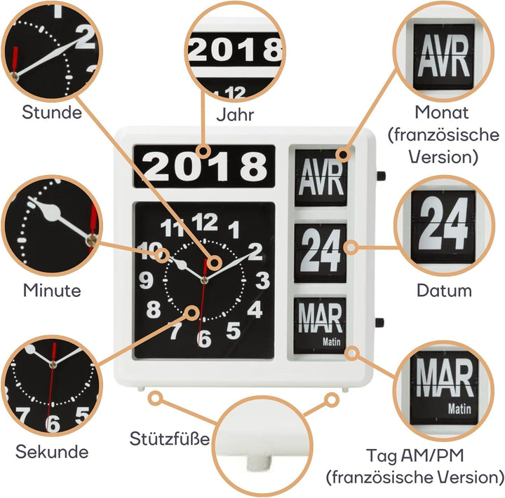 Perel Wanduhr mit Klappkalender, rechteckig, analog, 31 x 31 cm, Französisches Modell 31 x 31 cm Wei