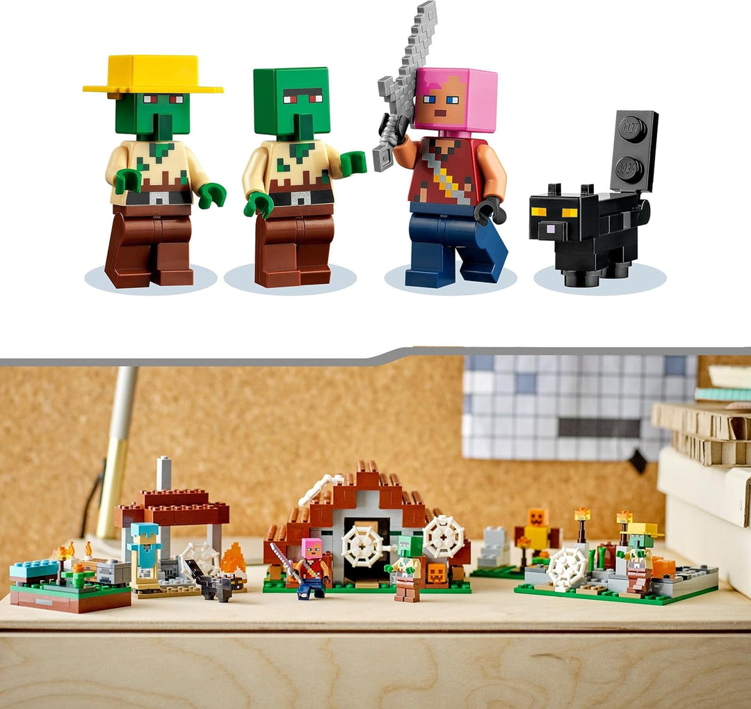 LEGO 21190 Minecraft Das verlassene Dorf, Spielzeug mit Zombiejäger Lager, Werkstatt, Farm und Haus