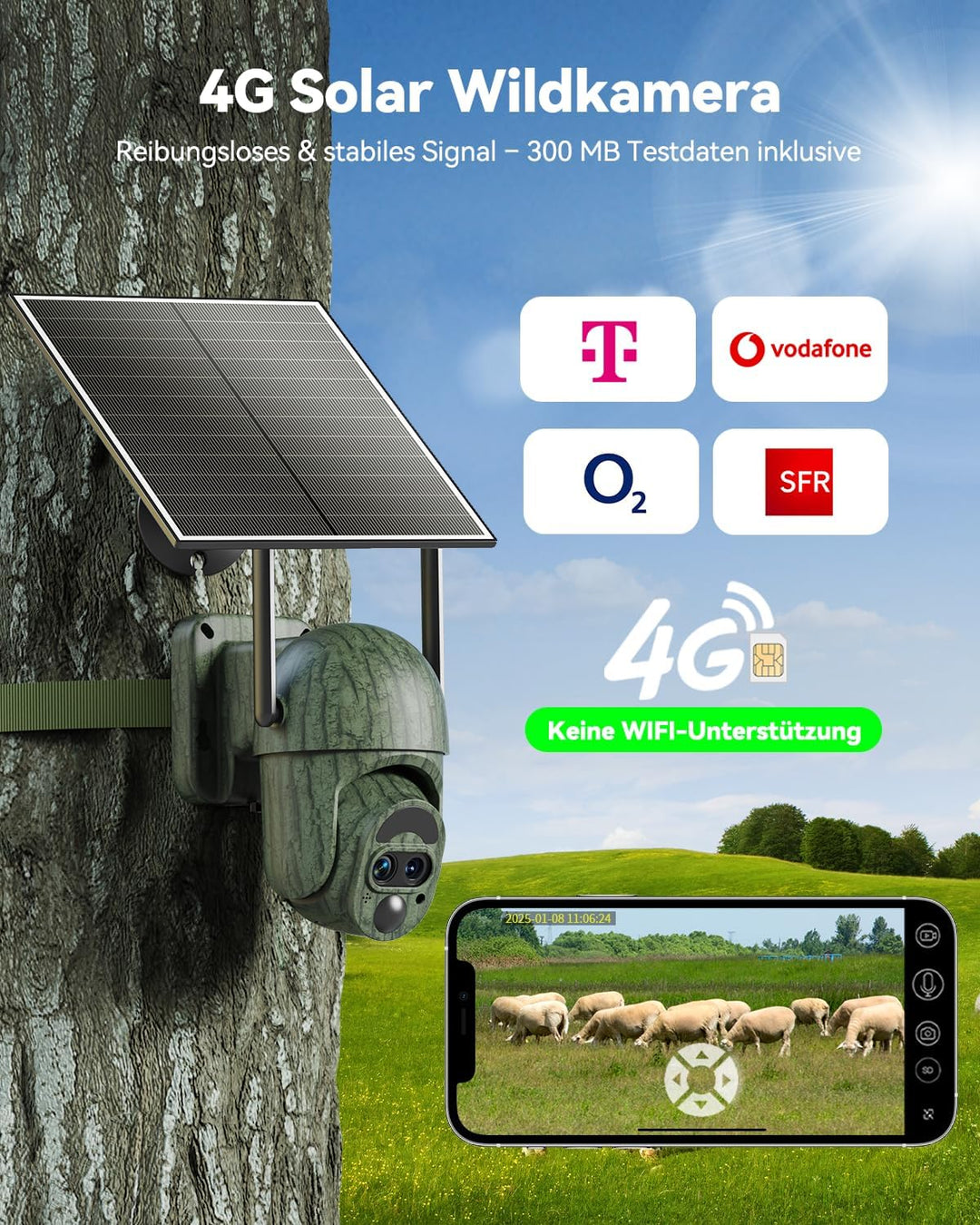 4G LTE Wildkamera mit SIM Karte, 2K Solar Wildtierkamera mit Handyübertragung APP Farbnachtsicht 12X