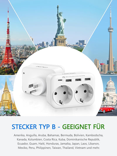 LENCENT Reiseadapter USA Deutschland Stecker, Typ B Steckdose, Reisestecker mit 1 USB-C&3 USB-A Port