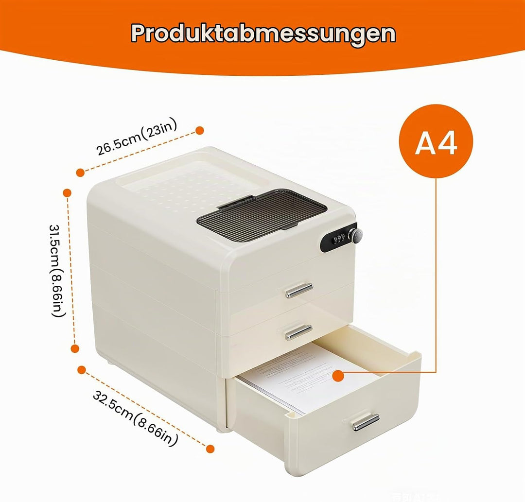 Schubladenbox Kunststoff mit Zahlenschloss, BüRo Organizer Schubladen mit 3 Schubladen + Stauraum Ob
