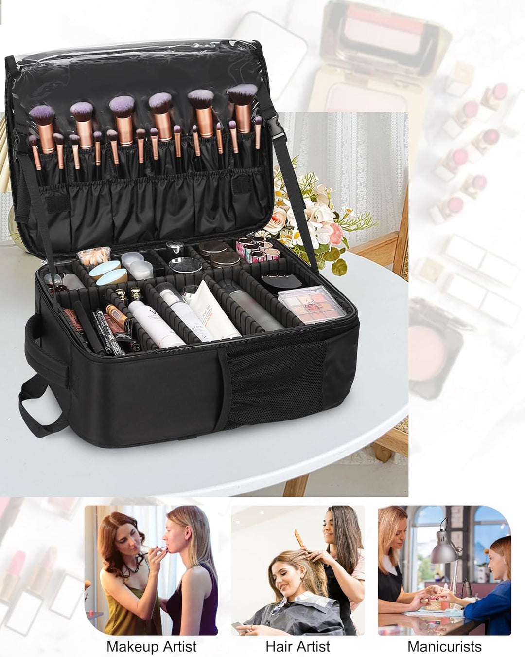 Make-up Rucksack, Profi Reise Make-up-Koffer Set für Frauen – XL Kosmetik-Organisierer mit Pinselauf
