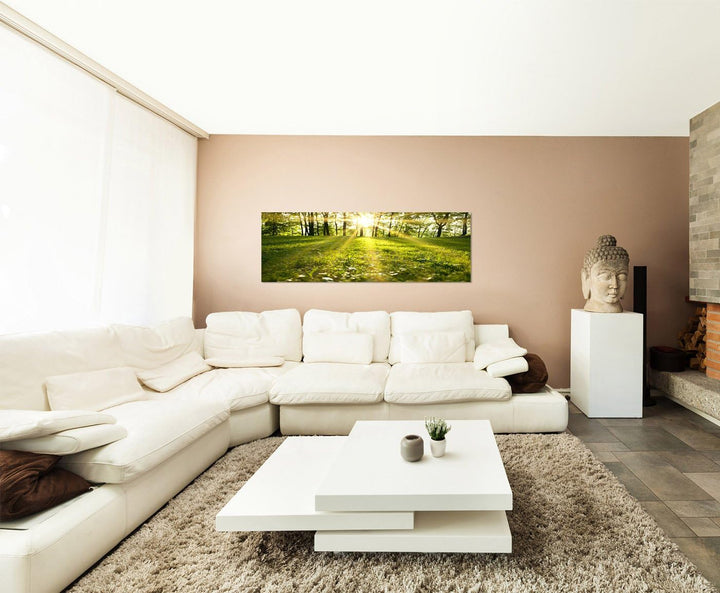 Augenblicke Wandbilder Leinwandbild als Panorama in 150x50cm Wald Wiese Frühling Sonnenstrahlen