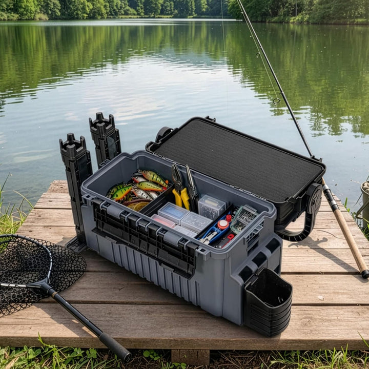 2-stöckig Gross Angelkoffer Tackle Box mit Rutenhalter & Becherhalter, klappbarem Tragegriff, 43×23×