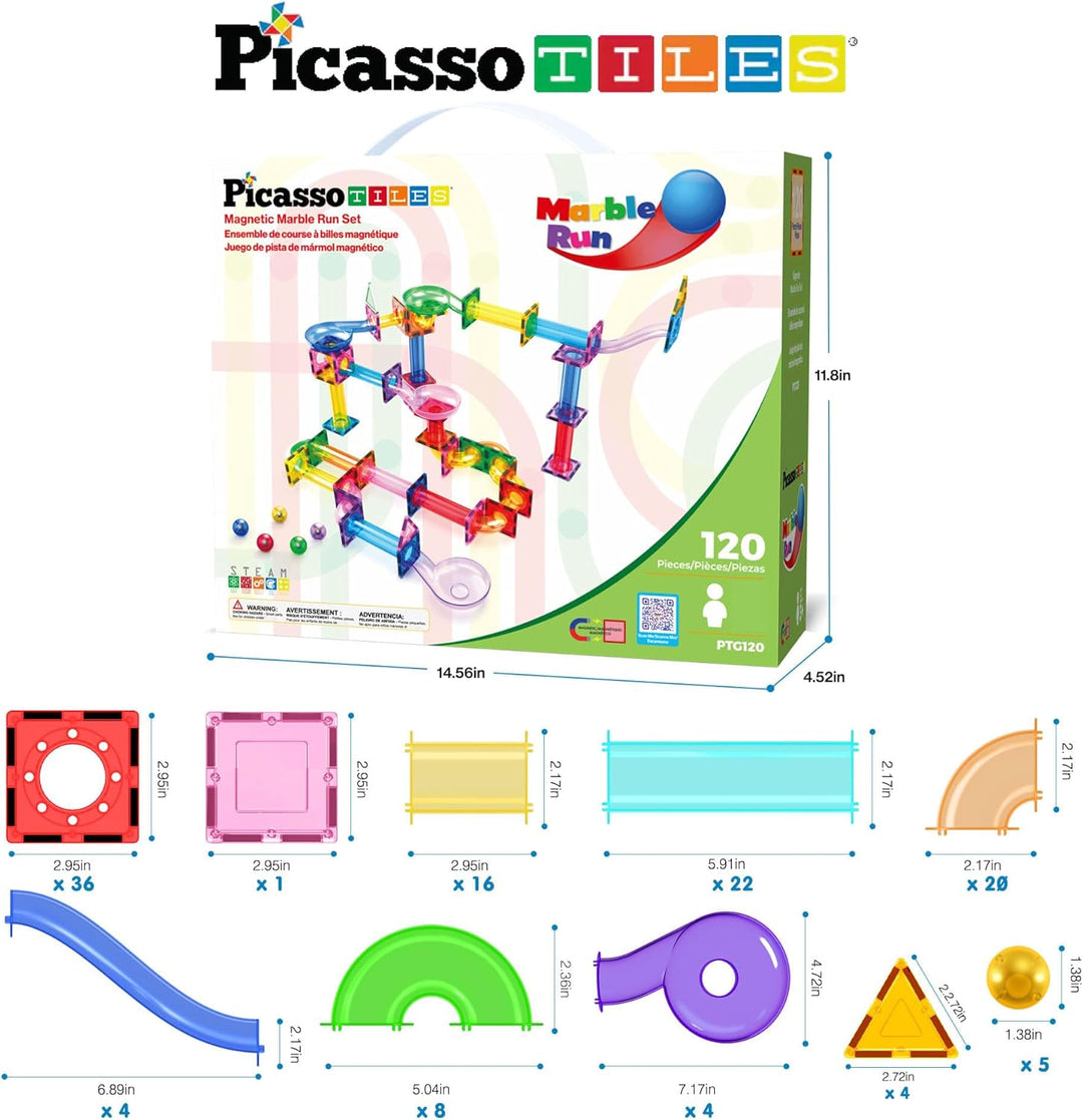 PicassoTiles Marble Run 120 Piece Magnetic Building Blocks Magnet Tile Construction Toy Playset STEM