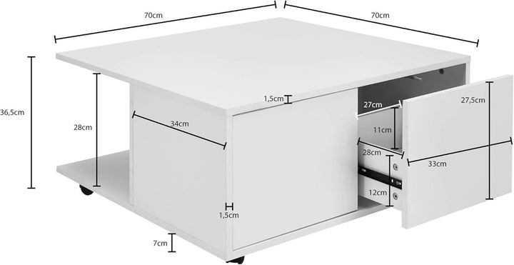 Couchtisch RAPIDO: 70x70x36,5 cm, 2 Schubladen, Rollen, Melaminharzbeschichtung, Weiss/Anthrazit Far