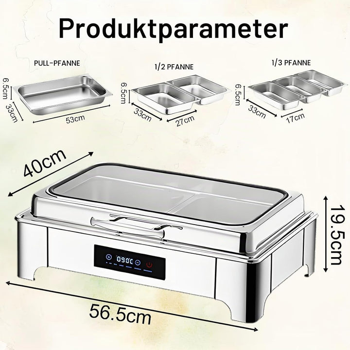 Elektrischer Chafing Dish Glasdeckel, 9L Edelstahl(1/2 Pan) | Speisewärmer Buffetwärmer Elektrisch E