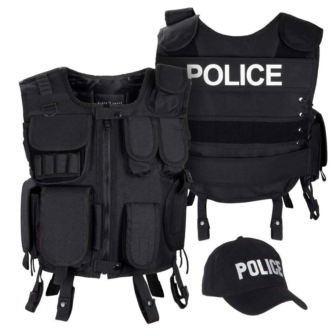 Black Snake SWAT FBI Security Police Agenten Kostüm Einsatzweste und Baseball Cap XL-XXL POLICE, XL-