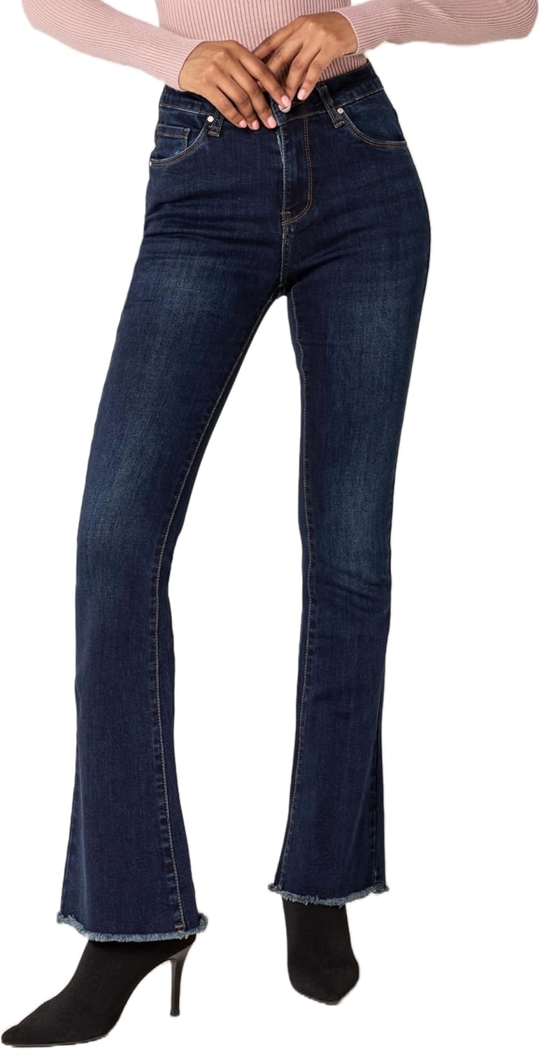 Nina Carter Damen Bootcut Jeans im Retro-Stil Mid Waist Stretchjeans Jeanshosen Used-Look Schlaghose