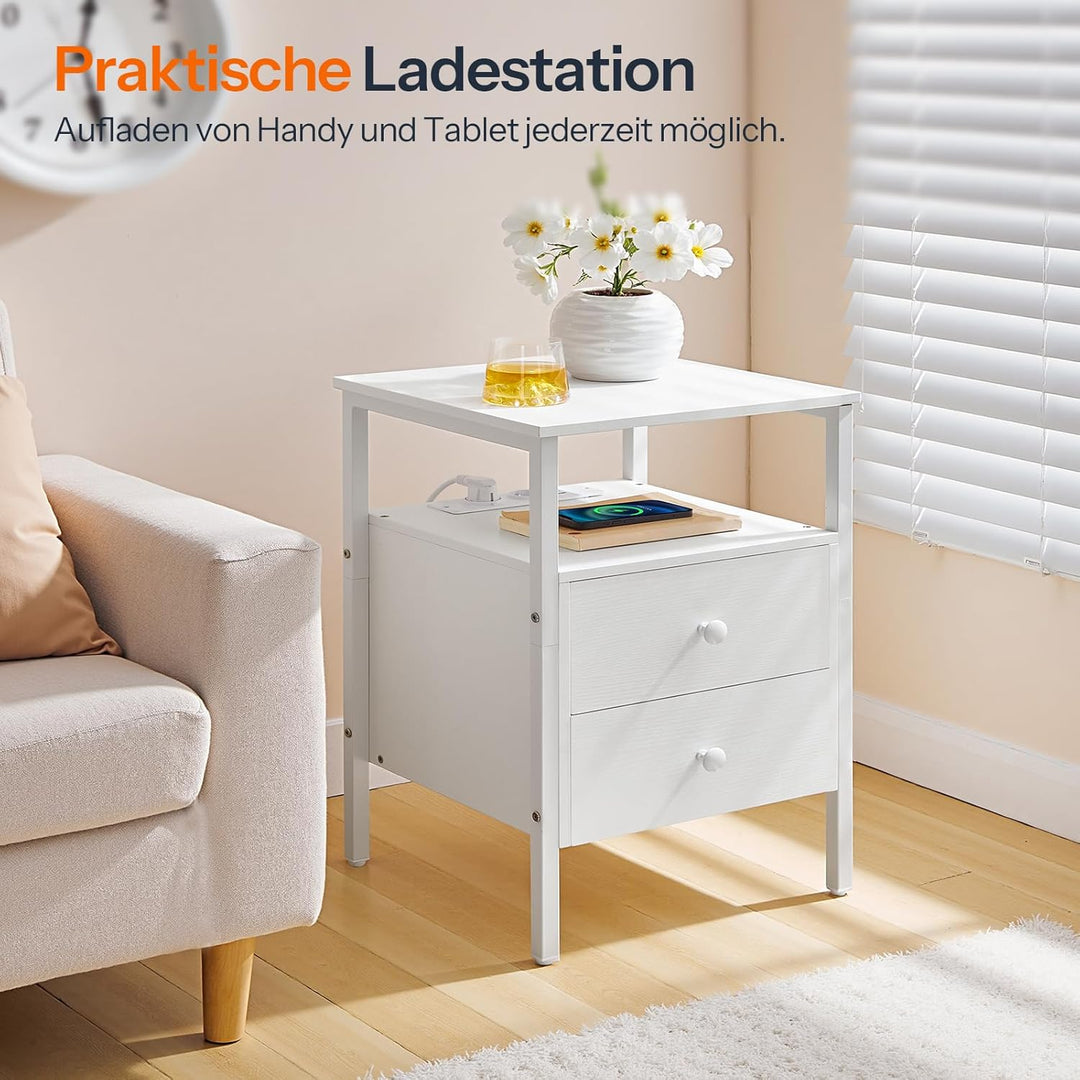 HOOBRO Nachttisch mit Ladestation, Beistelltisch, Sofatisch mit 2 Schubladen, Couchtisch mit USB-Ans