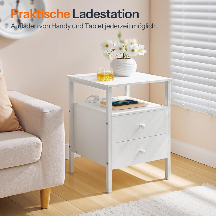 HOOBRO Nachttisch mit Ladestation, Beistelltisch, Sofatisch mit 2 Schubladen, Couchtisch mit USB-Ans
