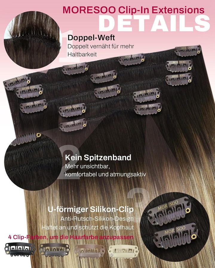 Moresoo Clip in Extensions Echthaar Remy Braun Extension Echthaar Clips Dunkelbraun bis Hellbraun mi