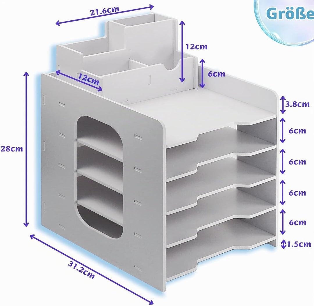 TSDRBWO Holz Briefablage für Büro, Dokumentenablage mit Stifthalter, 5-Tier Schreibtisch Organizer H