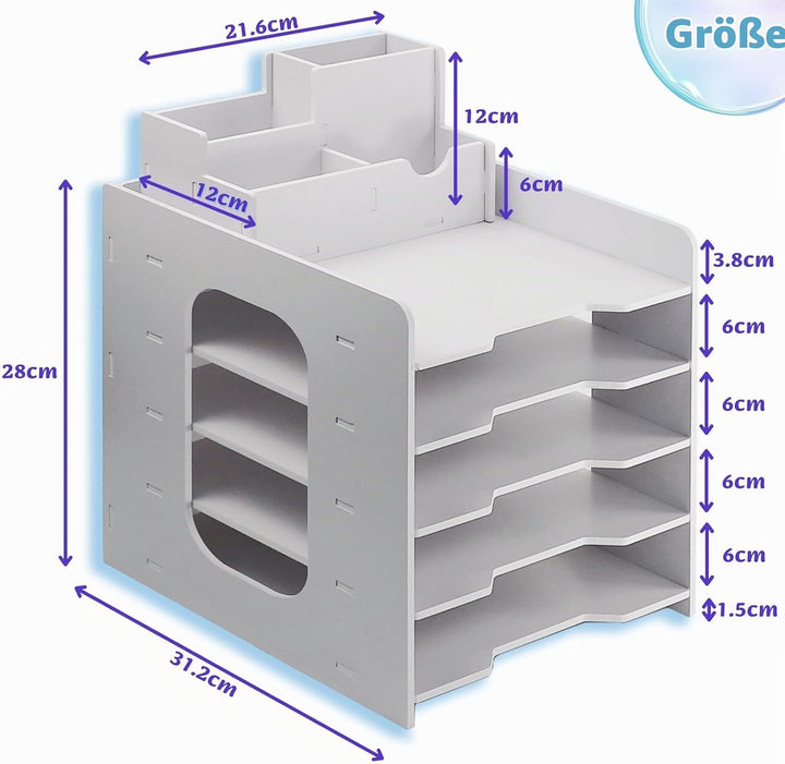 TSDRBWO Holz Briefablage für Büro, Dokumentenablage mit Stifthalter, 5-Tier Schreibtisch Organizer H