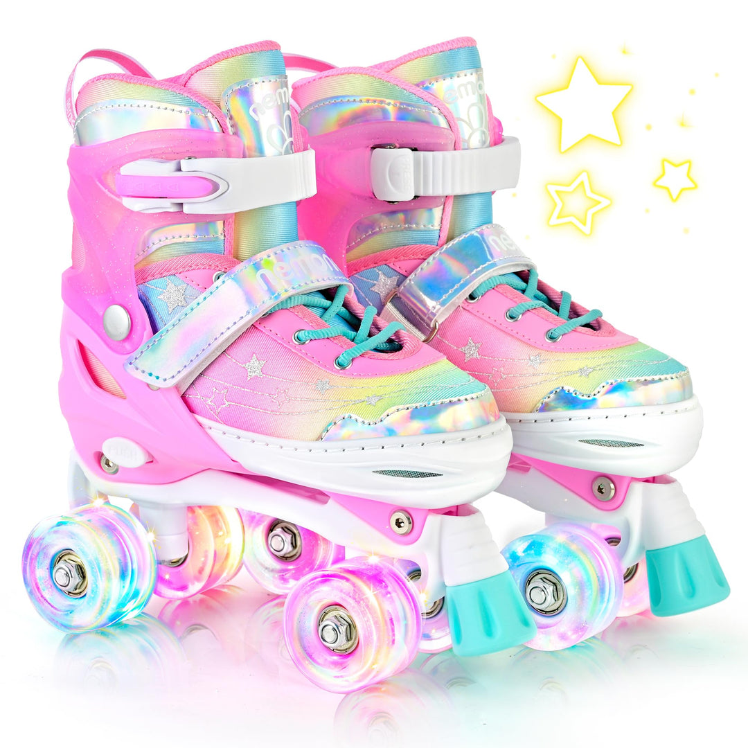 NEMONE Rollschuhe für Mädchen Kinder 4 Grössen Verstellbar Blau Violett Rollschuhe für Kinder Drinne