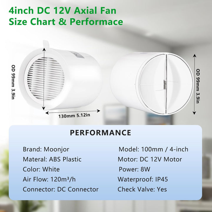 100mm Inline Kanalventilator, DC 12V Extraktor Axiallüfter Kit mit 2-Meter Kanalschlauch, Regler für