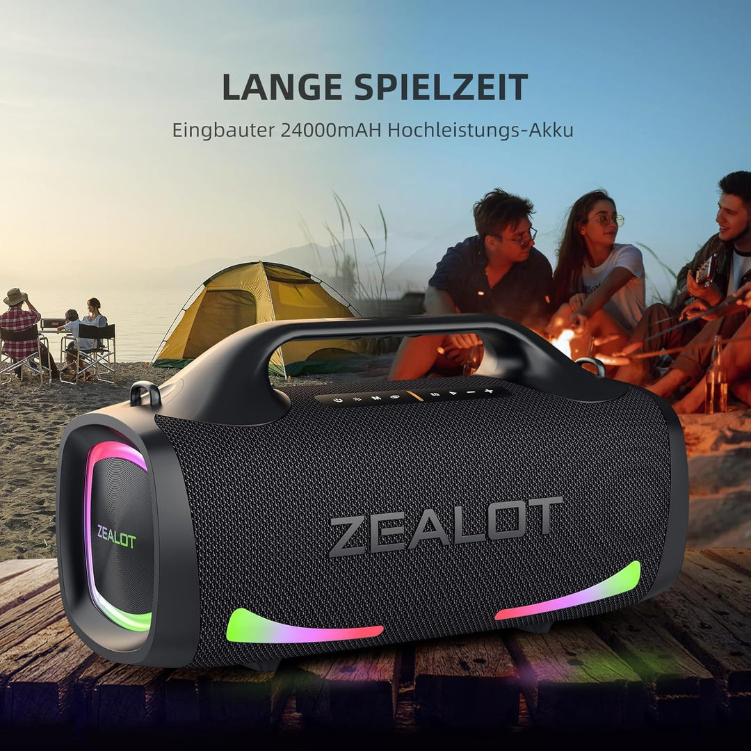 ZEALOT Bluetooth Lautsprecher,100W Stereo Sound für Draussen,XBass,Bluetooth 5.2,USB-C, 24000mAH,Dua