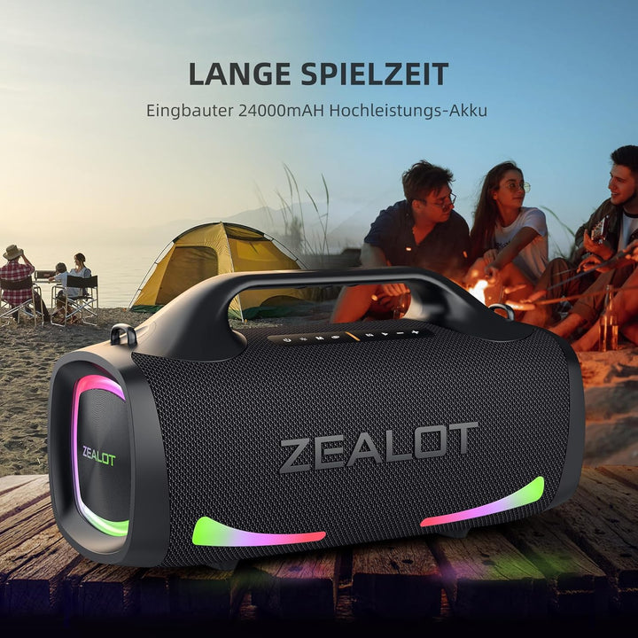 ZEALOT Bluetooth Lautsprecher,100W Stereo Sound für Draussen,XBass,Bluetooth 5.2,USB-C, 24000mAH,Dua