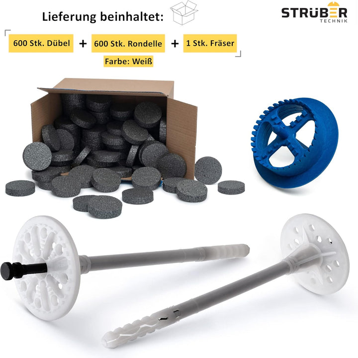 WDVS SET (Ø10x90mm Dämmstoffdübel mit Kunststoffnagel 600St + Grau Styropor Rondelle 600St + Styropo